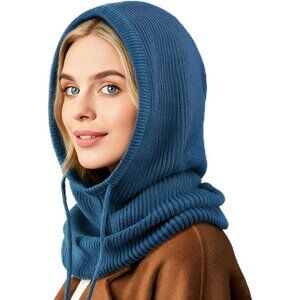 Women Scarf Hat Balaclava Beanie Skull Cap with Drawstring Warm Hat Peacock Blue